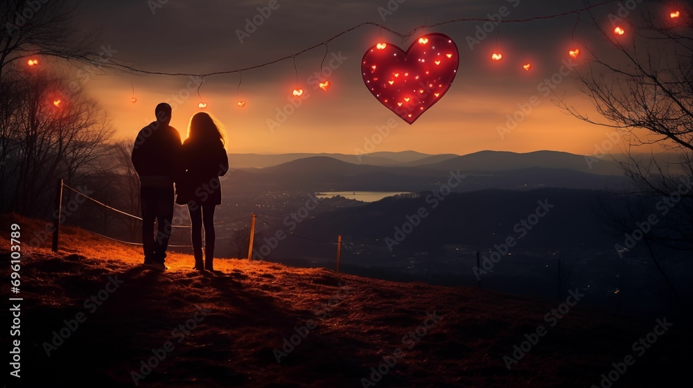Picturesque image of a couple illuminating the dark night with a heart-shaped lantern on a scenic hil