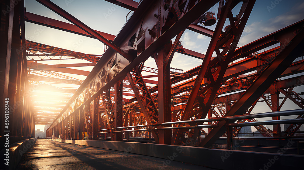 Metal bridge structures. Steel use for bridge construction. - obrazy, fototapety, plakaty 
