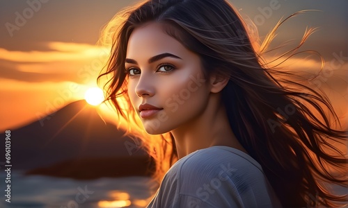 Close up portrait of beautiful young woman on sunset background. Ecology and environment concept © LG Art Creation
