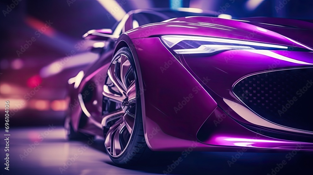Sports car purple color close up view - wheels and headlights , copy space.