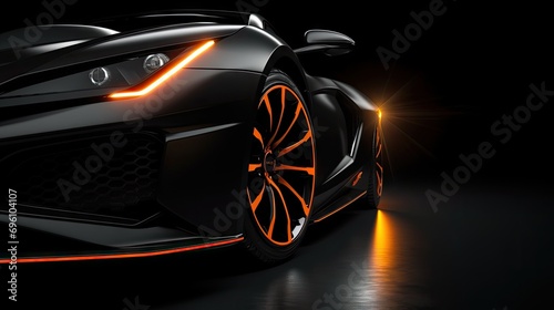 Sports auto black color close up view - wheels and neon headlights , copy space.