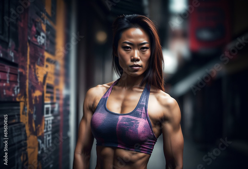 Young athletic asian woman with muscular body in the street. Strong and fit lady in urban setting