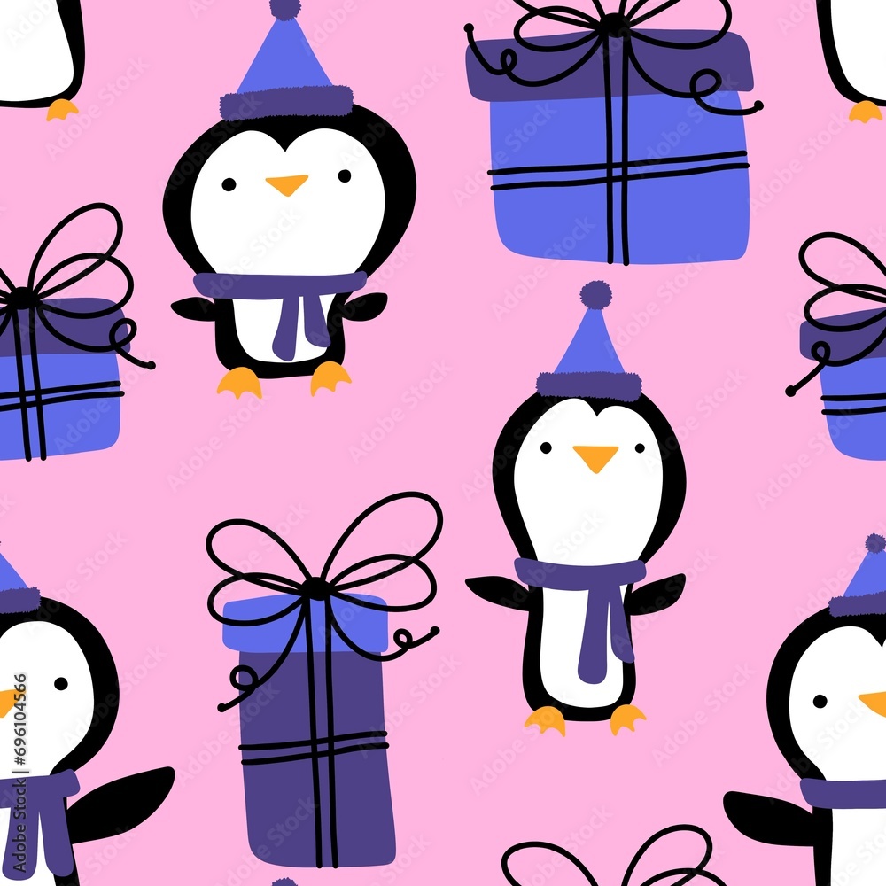 Obraz premium Christmas animals seamless penguin pattern for wrapping paper and fabrics and kids print and winter packaging