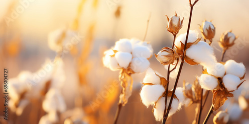 Closeup of cotton balls on a branch in a sunshine rays on the summer field. Generative AI © AngrySun