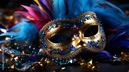 Venice Carnival Butterfly Mask with feathers, Colorful Festival Costume on Dark Background, close-up