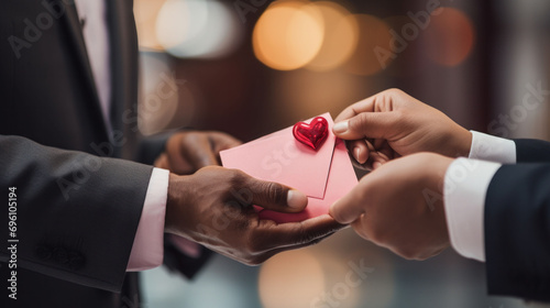Two professionals exchange a pink Valentine's envelope, sealed with a heart, amidst the office setting, blending romance with corporate formality.  photo