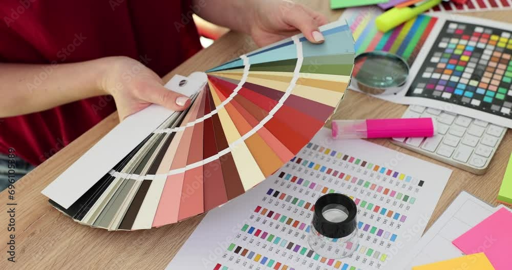 Hand of female designer in office working with color samples