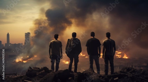 a group of young men above a city burning in destruction due to war conflict, earthquake or fire and smoke from world war