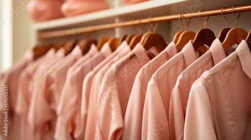 Rows of 'Peach Fuzz' toned shirts hang with precision, their soft color palette offering a serene shopping experience. The selection boasts a refined style for everyday sophistication.