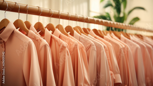 Softly lit 'Peach Fuzz' shirts aligned on a hanger, evoking a sense of order and fashion-forward thinking. The neat arrangement highlights the beauty of simplicity and function.