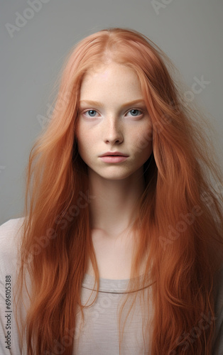  Young model with long 'Peach Fuzz' hair in a subdued expression, her porcelain skin and ethereal beauty capturing a mood of contemplation. Her delicate features exude a serene grace.