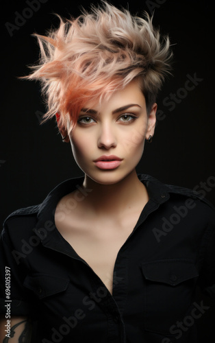  Edgy and stylish, the young woman with 'Peach Fuzz' hair color and a punk-inspired haircut makes a bold statement. Her fierce look is a blend of modern fashion and rebellious spirit.