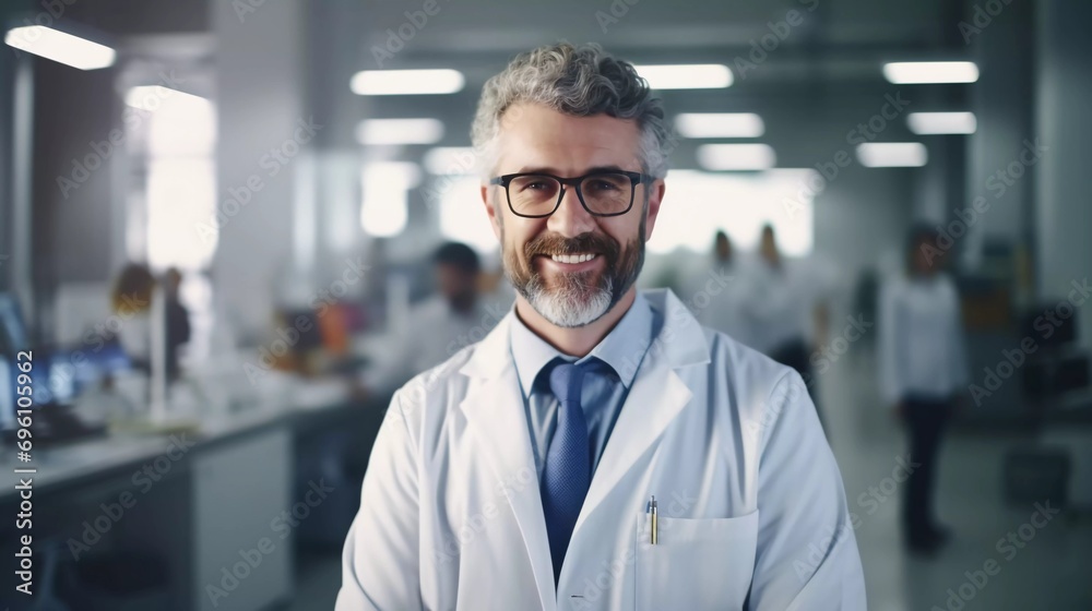 Mature male doctor wearing a white coat and glasses in a modern Medical Science Laboratory with a team of Specialists in the background Mature male doctor wearing a white coat and glasses in a modern Medical Science Laboratory with a team of Specialists in the background