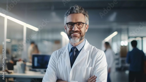 Mature male doctor wearing a white coat and glasses in a modern Medical Science Laboratory with a team of Specialists in the background photo