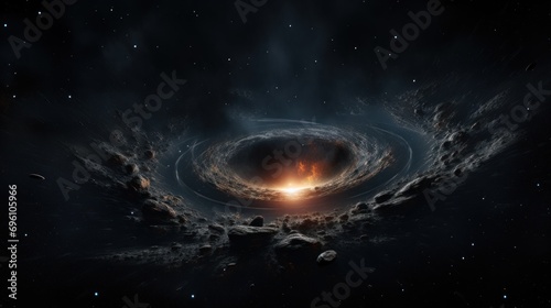 Black hole in deep space, surrounded by cosmic wonders. An awe-inspiring glimpse into the mysteries of the universe. Perfect for scientific, space exploration, and cosmic-themed projects
