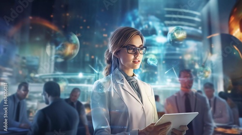 Beautiful young female doctor wearing a white coat and glasses in a modern Medical Science Laboratory with a Team of Specialists in the background