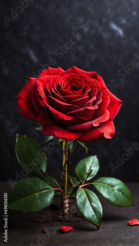 Red Rose on Dark Background  International Valentine s Day  Space for Text