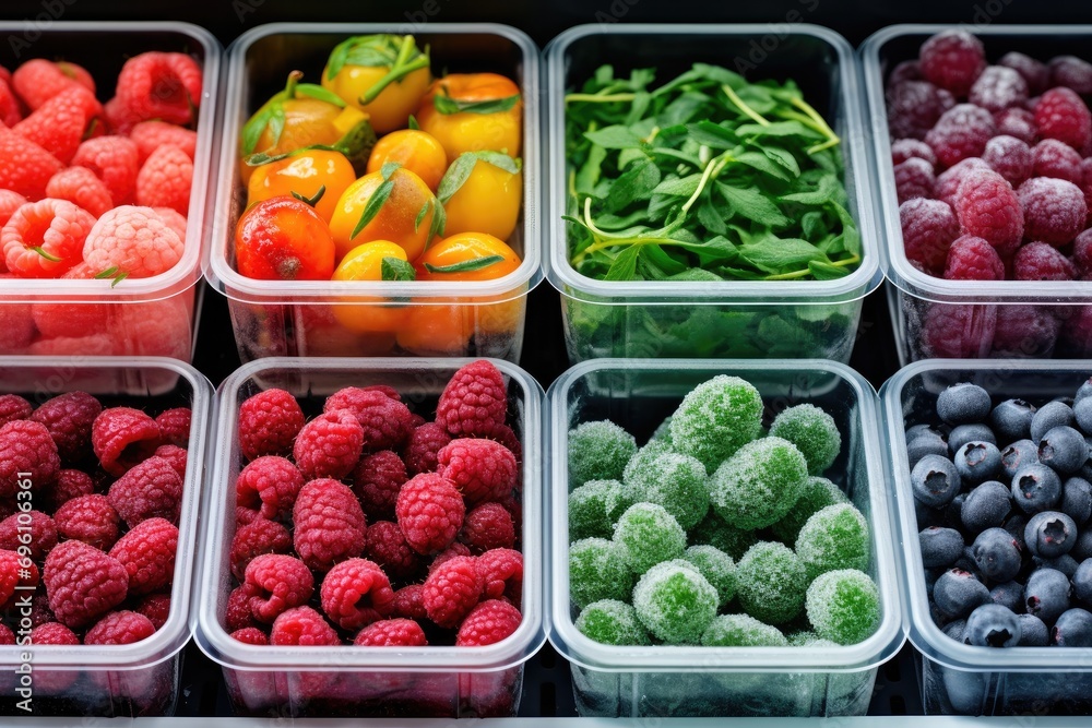Frozen berries and healthy vegetables stored in reusable box containers