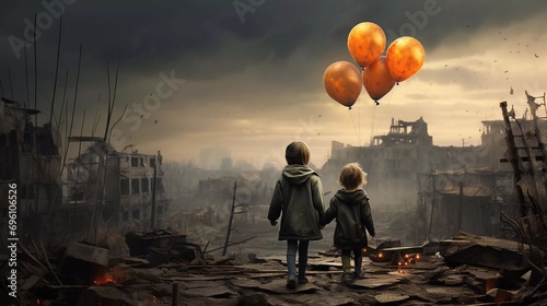 Children with balloons over the city burning destruction due to war conflict, earthquake or fire and smoke of world war photo