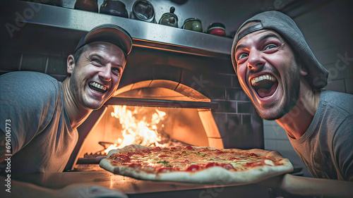 Hungry pals, oven-bound pizza, goofy antics.