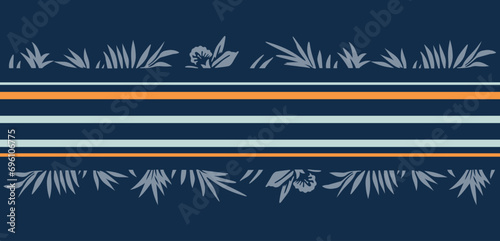 Vector illustration of colorful stripes pattern with silhouettes of flowers and leaves in graphic style.