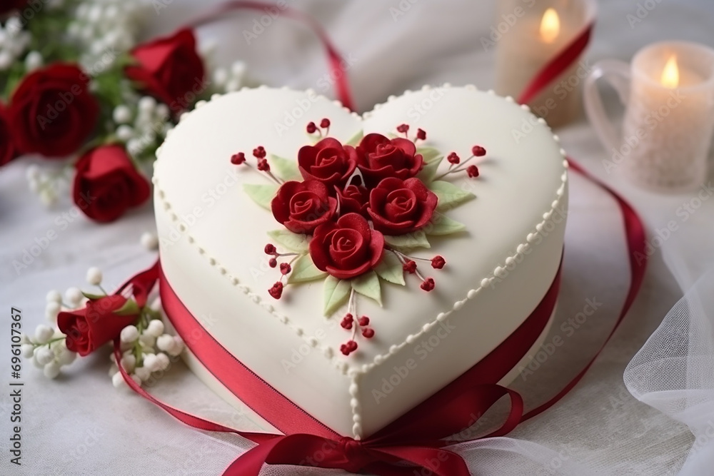 Heartfelt Delight: Marzipan White Cake with Red Hearts, Adorned with a Bouquet of Red Roses - Created with Generative AI Tools Heartfelt Delight: Marzipan White Cake with Red Hearts, Adorned with a Bouquet of Red Roses - Created with Generative AI Tools