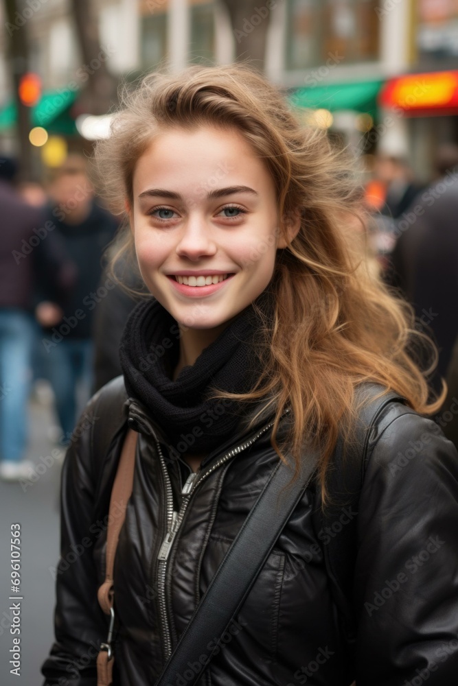 A young woman with a black leather jacket. Generative AI.