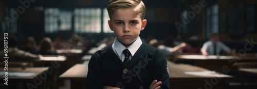Fotografia, Obraz A young boy in a suit and tie standing in front of a classroom
