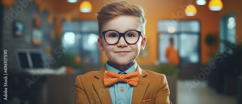 A young boy wearing glasses and a bow tie. Generative AI.