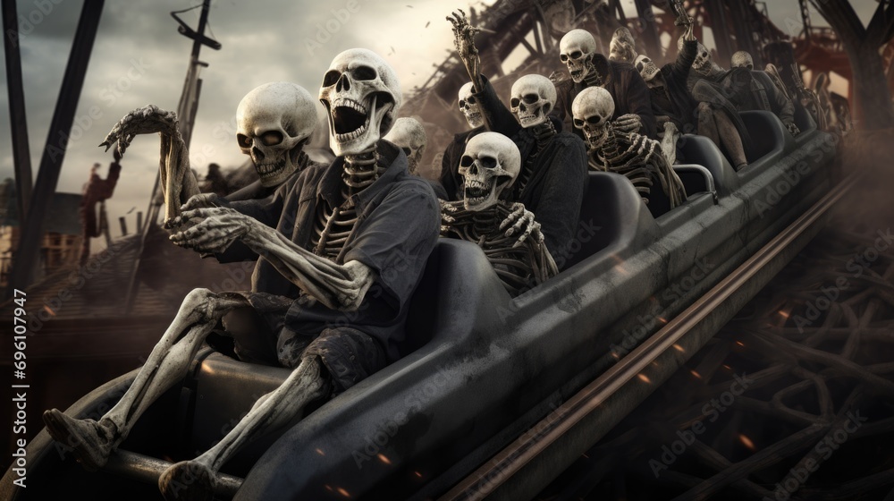 A group of skeletons riding on top of a roller coaster. Generative AI. - obrazy, fototapety, plakaty 
