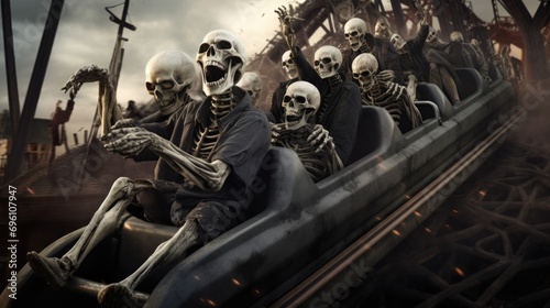 A group of skeletons riding on top of a roller coaster. Generative AI. photo