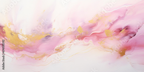 Abstract background in pink, gold and white. Acrylic paint, fluid art, strokes, painting