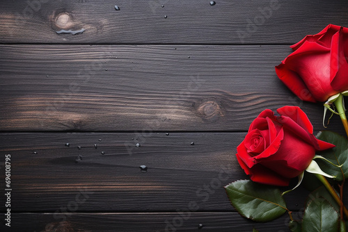 Passionate Valentine s Day  Red Rose and Petals on Elegant Black Wood - Created with Generative AI Tools