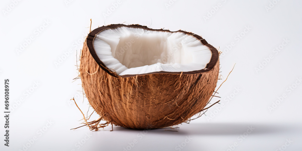 A coconut cut in half on a white background A coconut cut in half on a white background