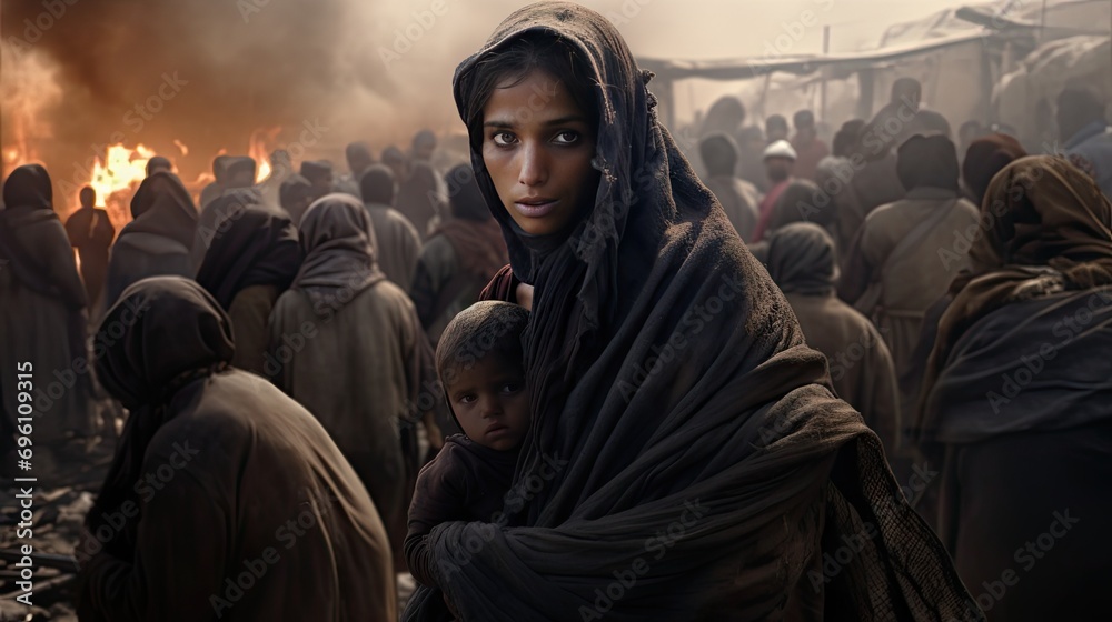 A mother and child, survivors of bombing, navigate through debris, portraying the grim aftermath of conflict and displacement. A mother and child, survivors of bombing, navigate through debris, portraying the grim aftermath of conflict and displacement.