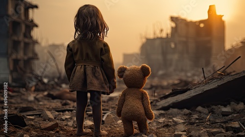 Symbol of survival and hope: a little dirty girl age of 5 in dirty clothe with plush bear toy in her hands, stands near the building after bombing,back view.
