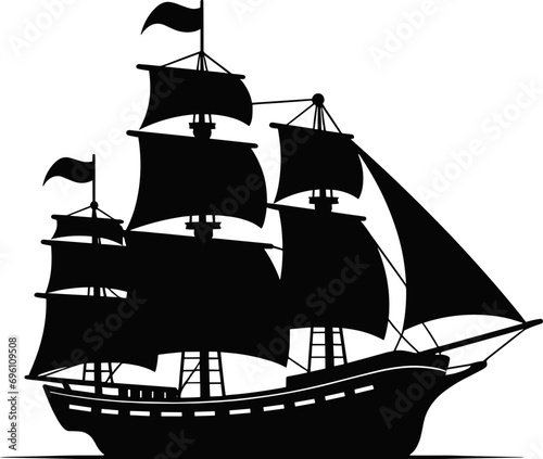 Brigantine boat sailing in sea waters isolated sailboat with fiberglass cloth and flags. Vector monochrome marine yacht. AI generated illustration.