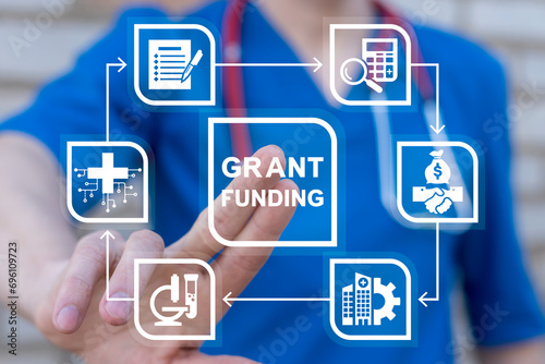 Doctor using virtual touch screen presses inscription: GRANT FUNDING. Concept of healthcare grants and funding. Medical Innovation Education Grant Fund Application Donation.