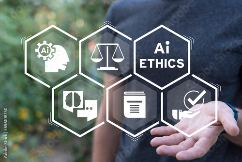 Concept of AI ethics or AI Law. Compliance, regulation, standard, business policy and responsibility for guarding against unintended bias in machine learning algorithms. Developing AI codes of ethics. photo