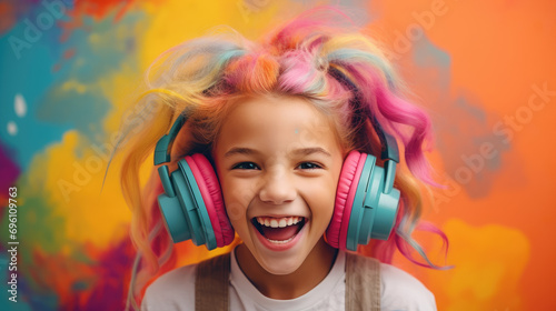 beautiful cute girl with colored pink hair in large music headphones, young woman, fashion, portrait, emotional face, smile, stylish clothes, teenager, student, colorful background, dj