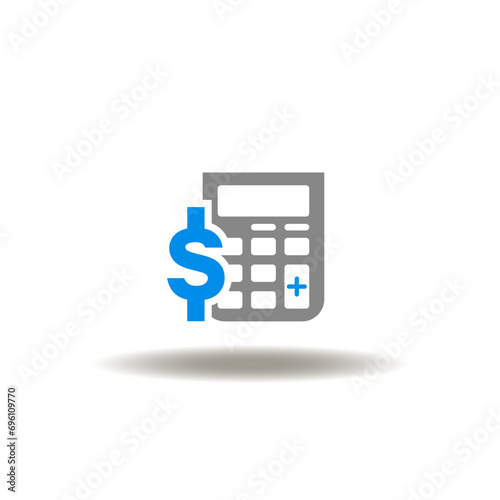 Vector illustration of calculator with dollar symbol. Icon of money accounting. Symbol of budgeting. Sign of ITIN Individual Taxpayer Identification Number. Pictogram of taxes calculation.