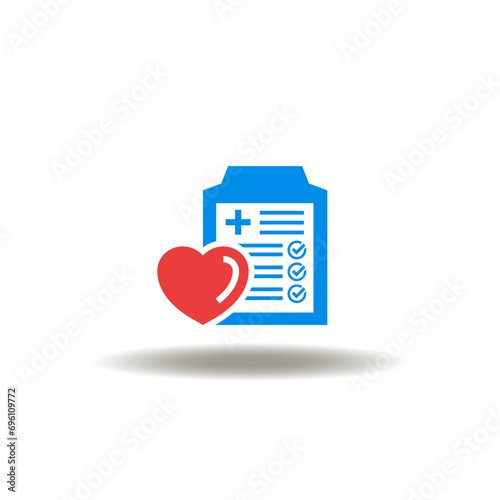 Vector illustration of medical checklist with heart. Icon of medicine open enrollment. Health diagnostic and testing symbol.