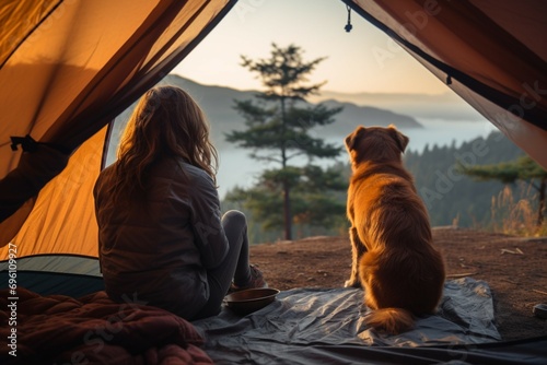 Tent tranquility woman and dog enjoy quality time amid nature