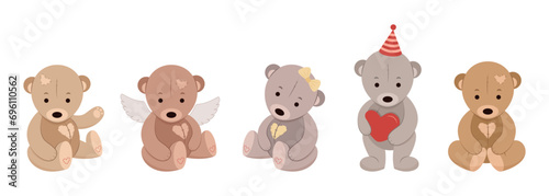 Set of five, cute, vintage, teddy bears. Vector illustration in beige color on a white background for the design of cards, children's rooms, textiles, children's literature.
