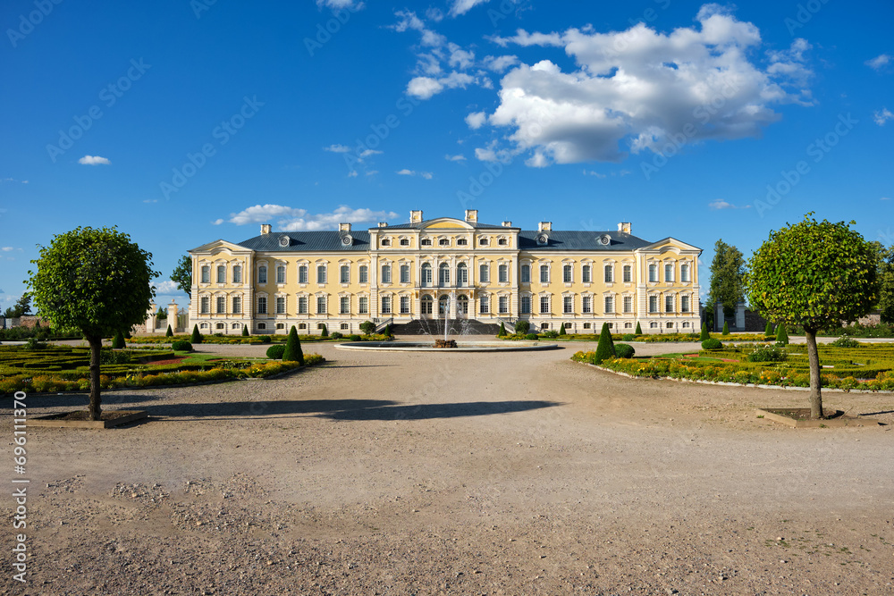 View of Latvian tourist landmark attraction -  Rundale palace and summer french garden, Pilsrundale, Latvia.
