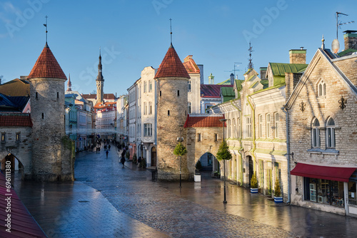 Old medieval Viru Gate in Tallinn city. Cityscape of old town of Tallinn, Estonia.