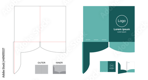 Presentation folder template die cut stamp. Empty folder template for A4 documents and business card with lock. Vector black isolated circuit, line folder on white background.