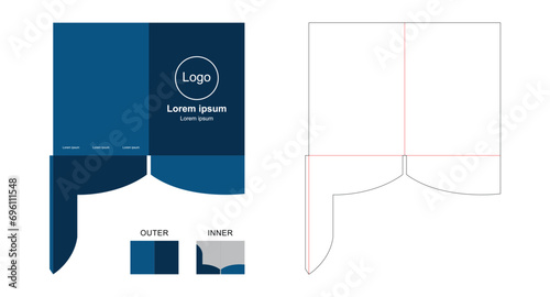 Presentation folder template die cut stamp. Empty folder template for A4 documents and business card with lock. Vector black isolated circuit, line folder on white background.