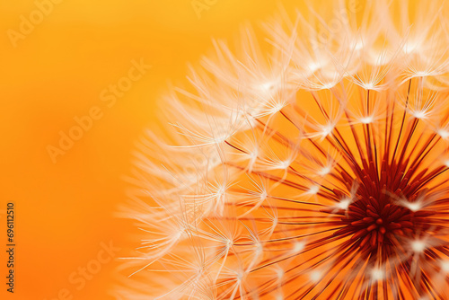 Macro close up photo of Dandelion on trendy orange background