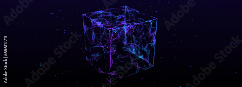 Network points and connection lines. Technology background. Science background. 3D rendering. Abstract cube.